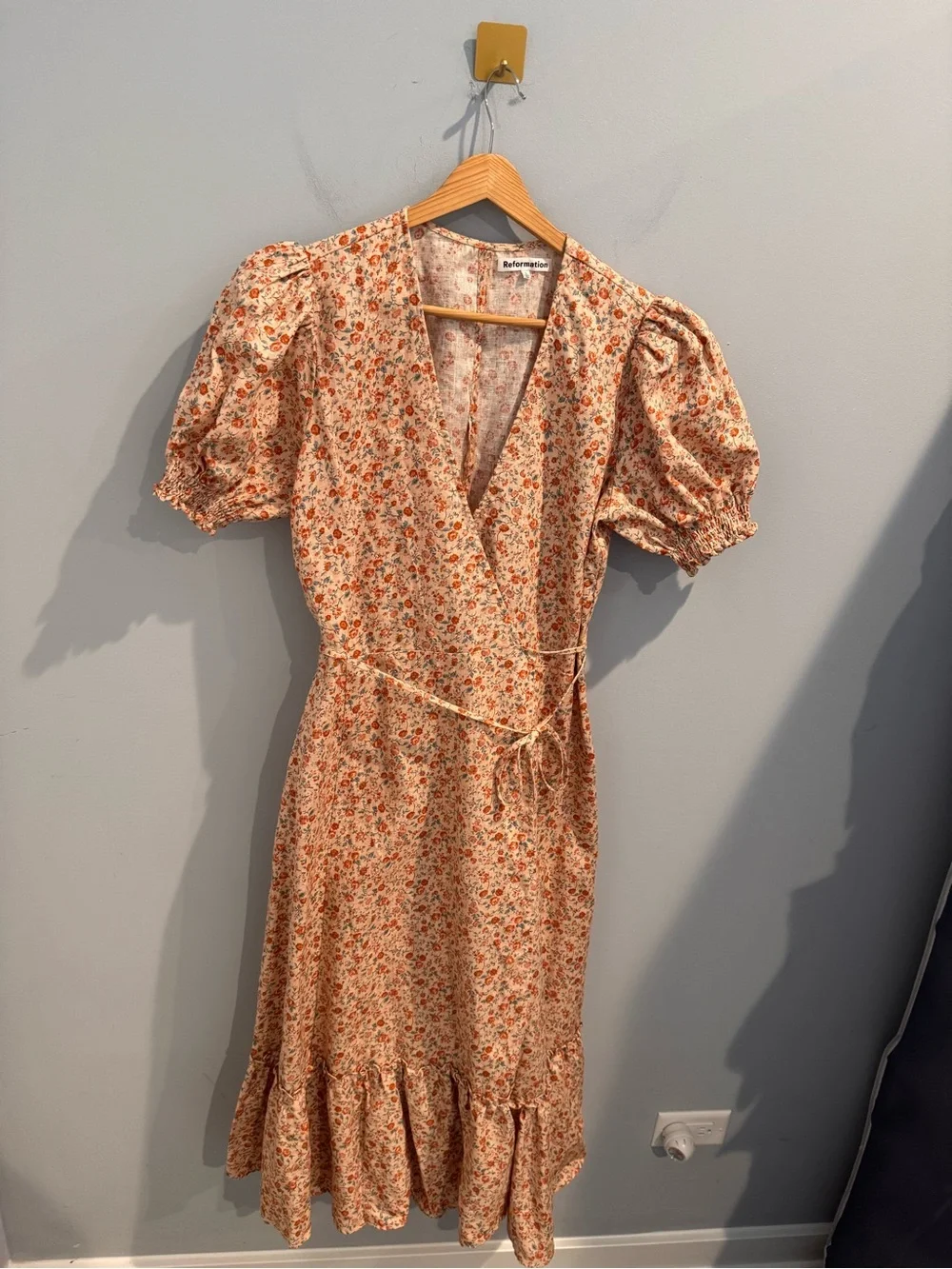 NEW Reformation Veronika Linen Floral Wrap Midi Dress, Size L